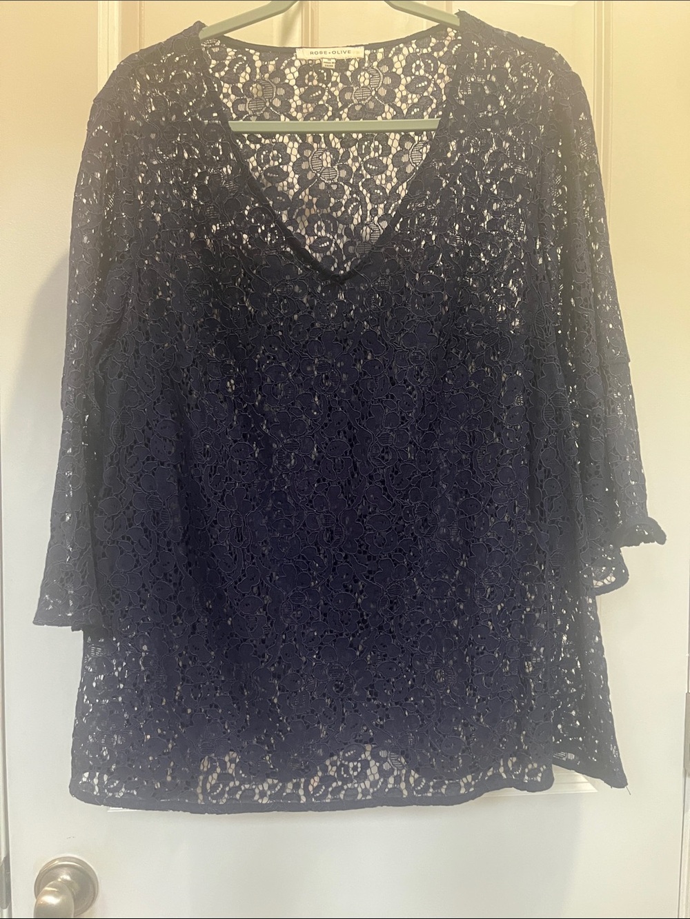 Rose & Olive Navy Lace V-Neck Blouse